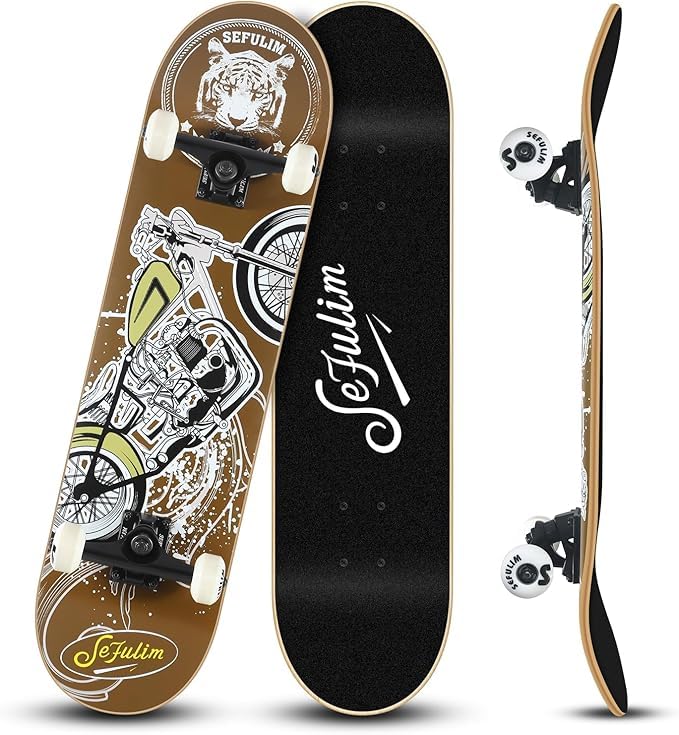 Sefulim 31 x 8 Inch Complete Skateboard 7 Layer Canadian Maple Double Kick Deck Concave Cruiser Trick Skateboard for Boys Girls Teens Adults Beginner (Motorcycle) - Image 1